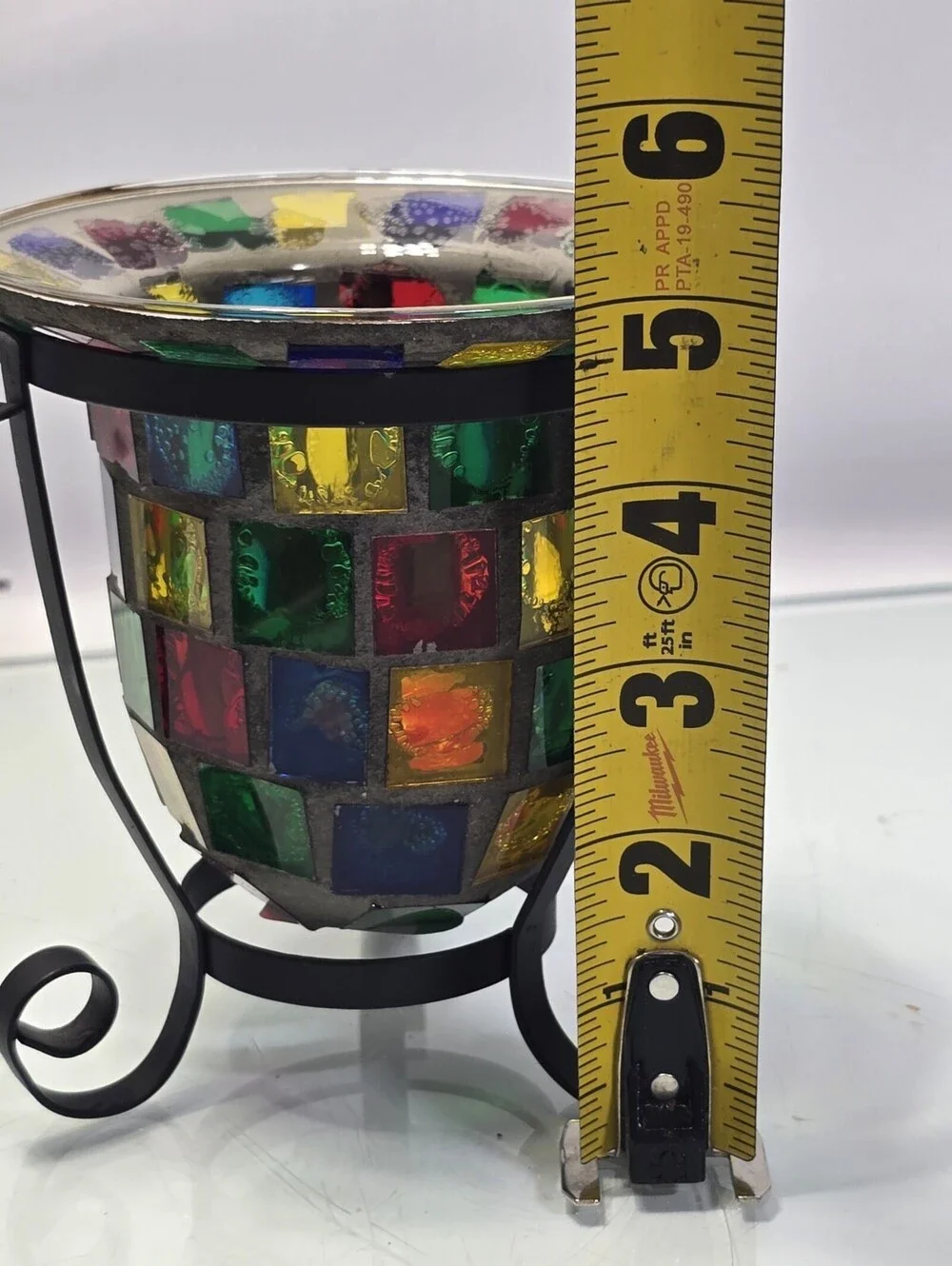 Moroccan Mosaic Art Glass Candle Holder Bowl Iron Stand Tealight Centerpiece.